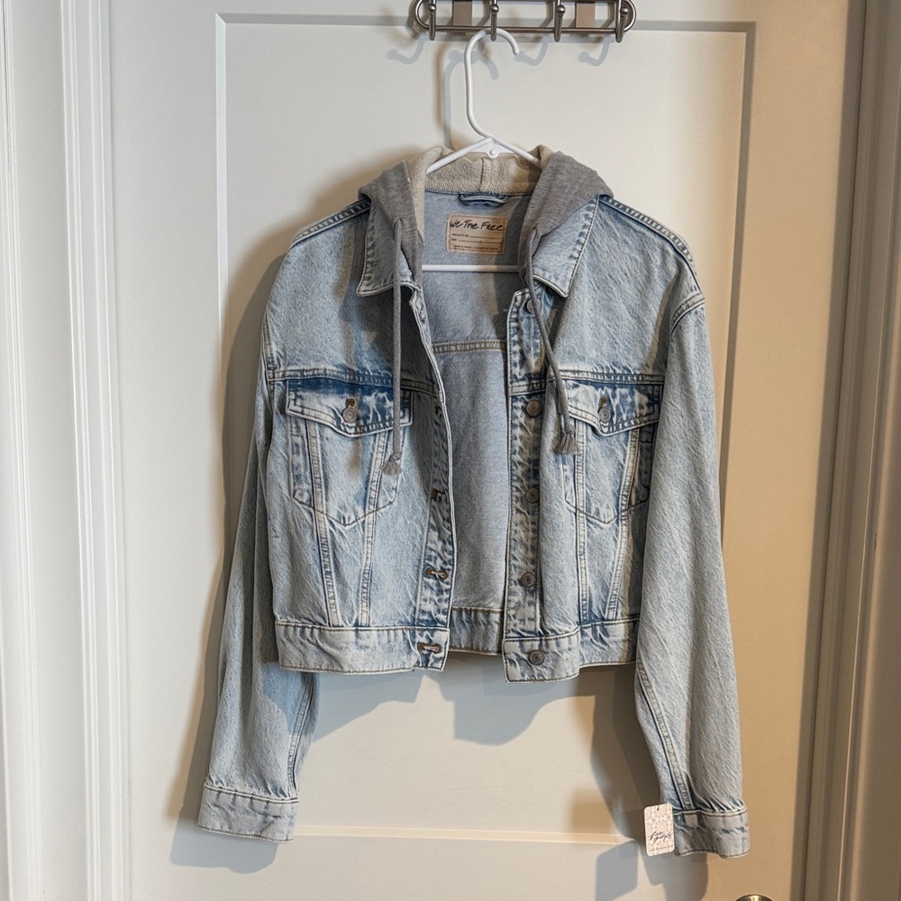 Free People Light Blue Jean Jacket with Gray Hood